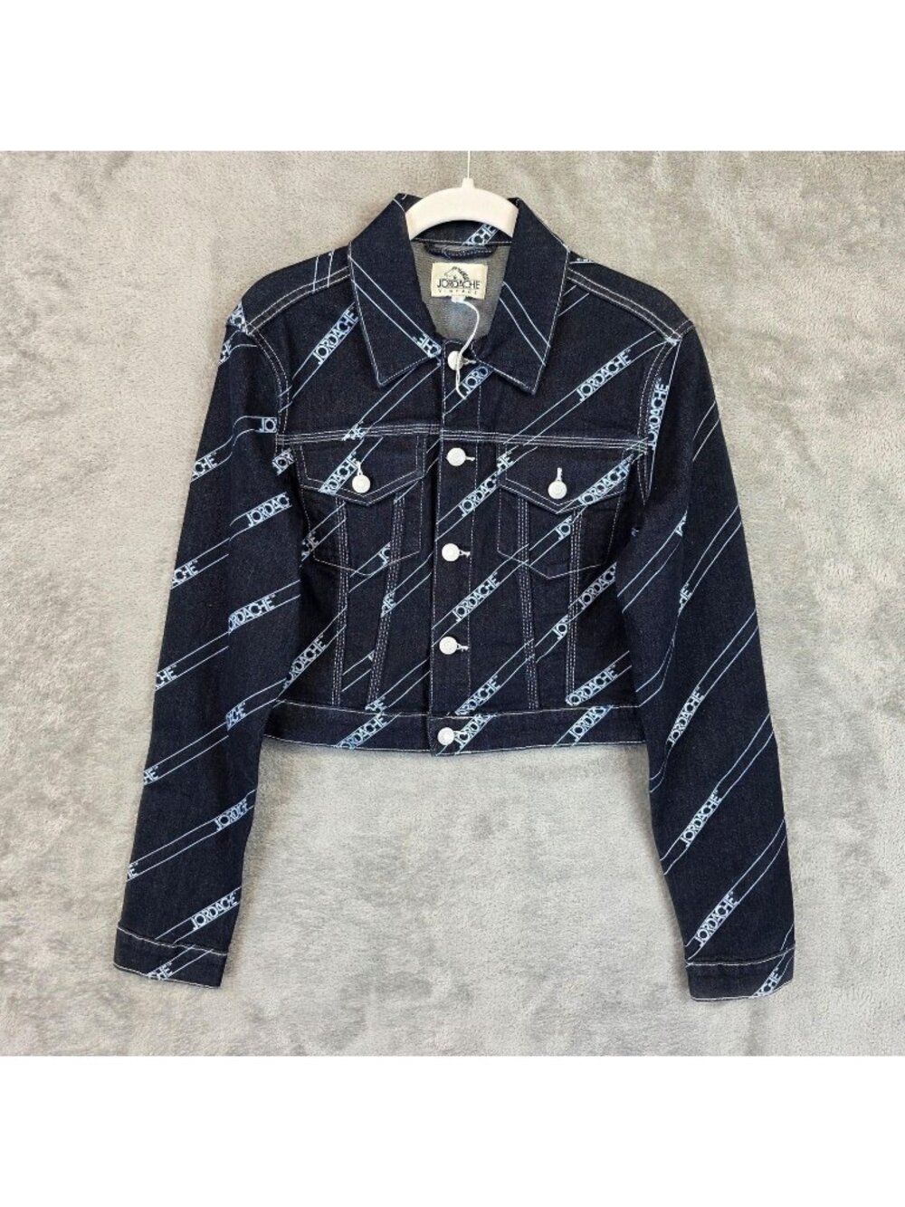Jordache Vintage Jacket Womens Small Blue Logo Print Denim Button Short Stretch